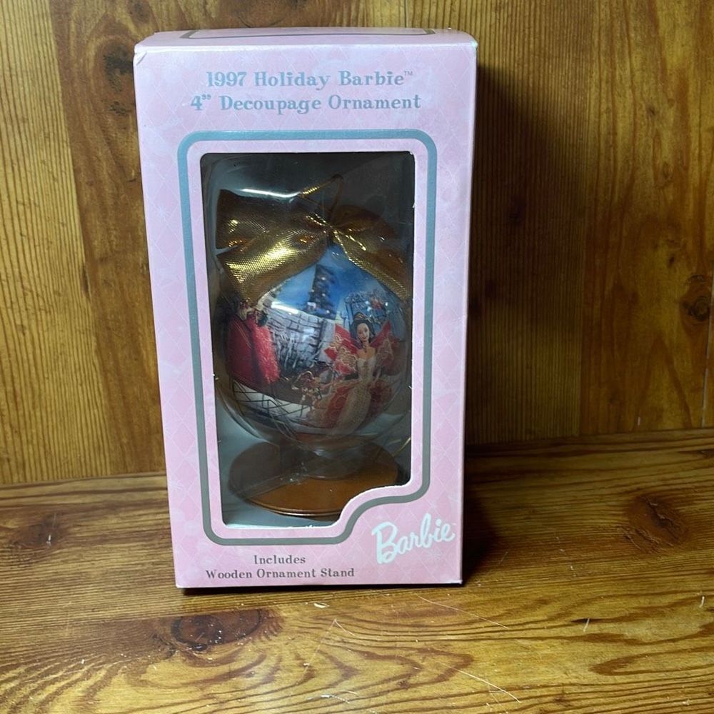 1997 Holiday Barbie 4" Decoupage Christmas Ornament Ball Hanging Stand